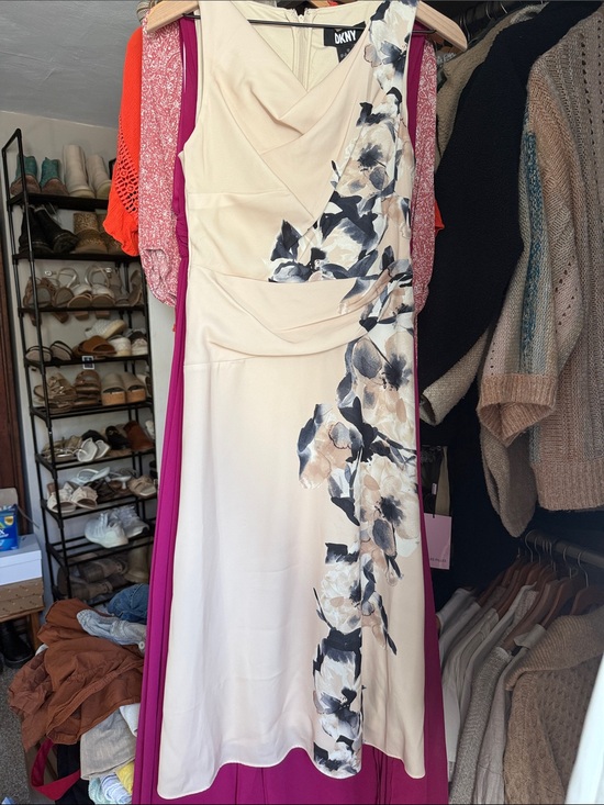 Dkny Dresses & Skirts - DKNY Cream Floral Draped Midi Dress with Black & Beige Blooms